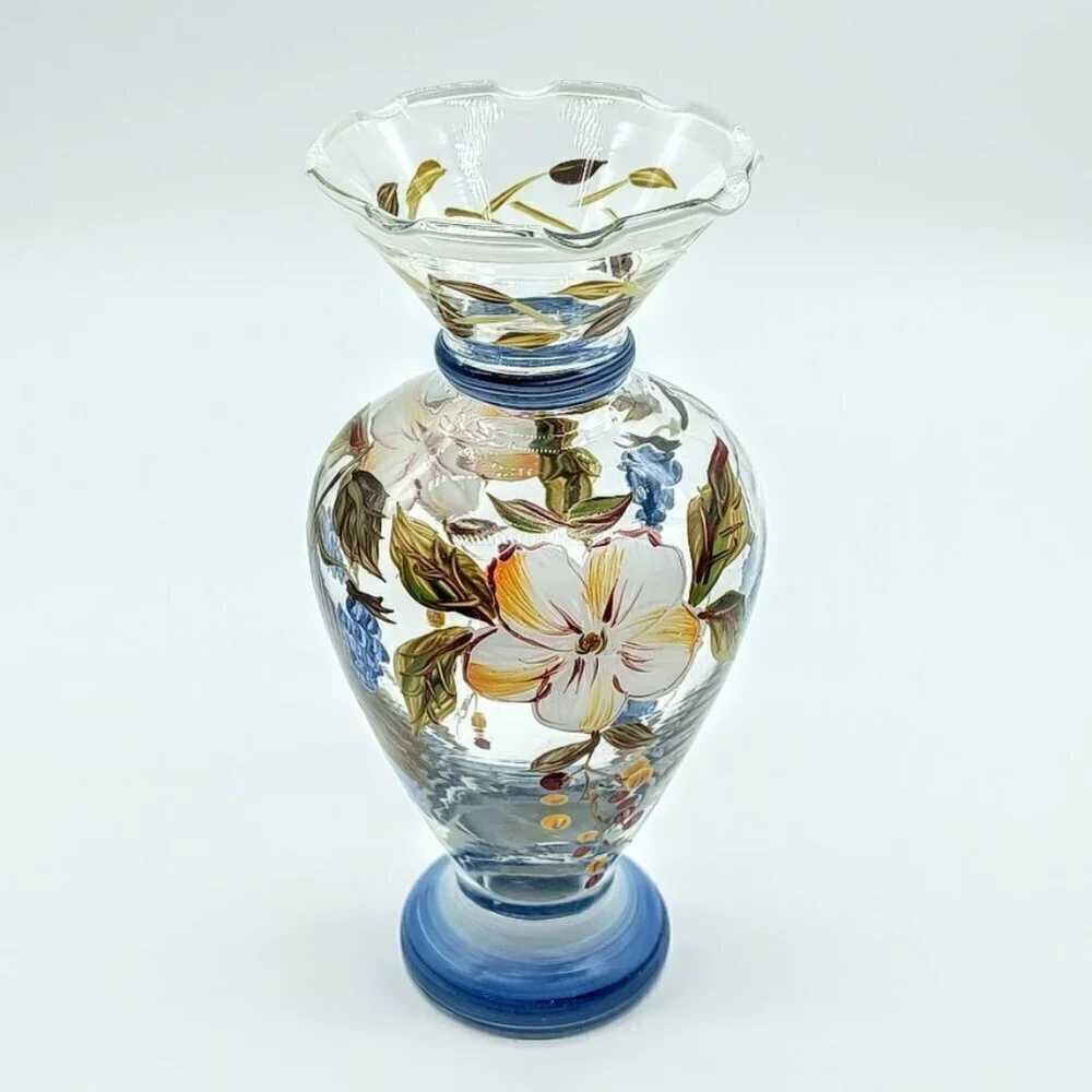 Tracy Porter Hand-Painted Blue Floral Glass Bud Vase